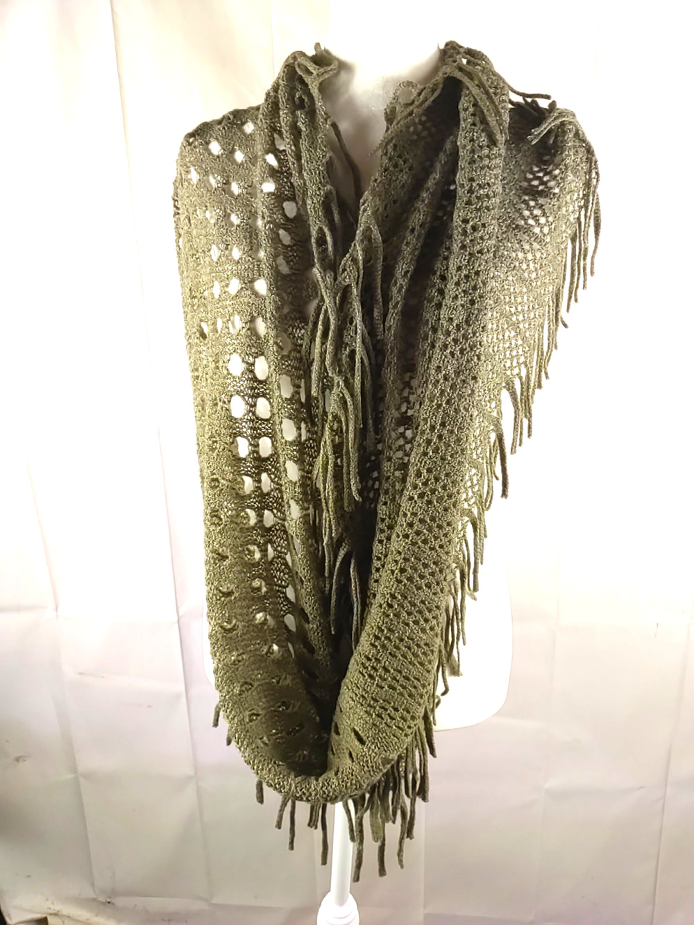 Infinity Scarf Gray 36 X 22 Open Weave Fringe Boho Hippy